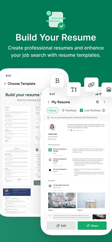 Cake: Job, Resume & Networking - The app simplifies resume creation, offering users a selection of diverse templates and a clear preview displaying personal details and work history.