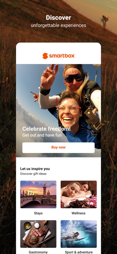 Smartbox® - The app's homepage showcases the Smartbox logo prominently and presents diverse experience categories like 'Stays' and 'Sport & adventure' for exploration.