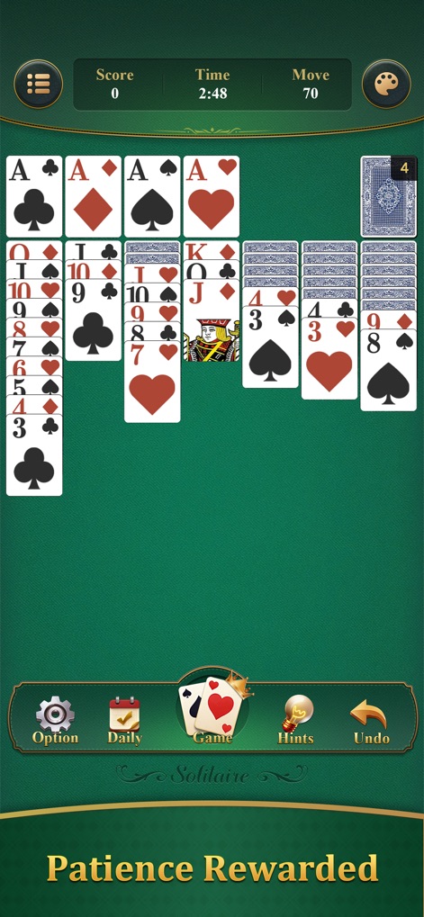 Solitaire Klondike: Brain Game - Observe the traditional Klondike card layout with its distinct tableau and the intuitive bottom navigation bar for seamless control.