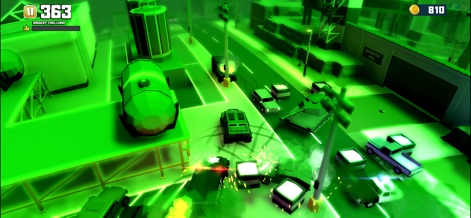 Reckless Getaway 2: Car Chase - The app immerses players in intense night chases under a striking neon green filter, showcasing military trucks and devastating explosions.