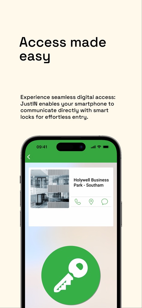 JustIN Mobile - This view showcases the streamlined process for digital access, featuring a prominent digital key icon and clear location identification for effortless entry.