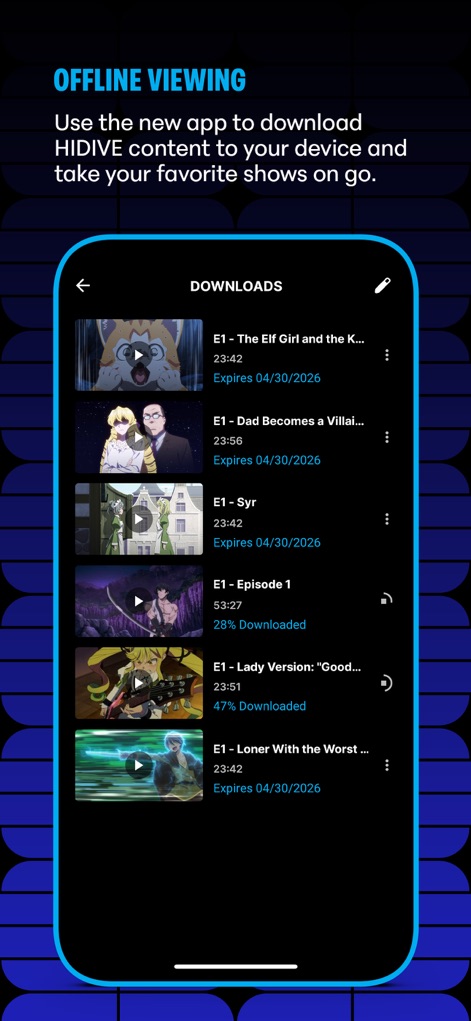 HIDIVE - Cet outil permet aux utilisateurs de gérer leurs contenus grâce à la liste détaillée des épisodes téléchargés et d'avoir une visibilité sur la progression des téléchargements pour un accès constant.