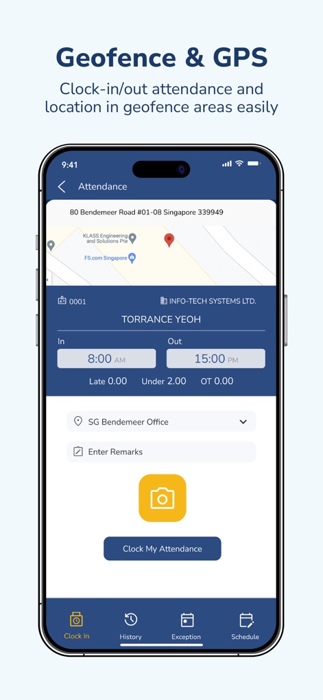 INFOTECH HRMS - The app utilizes advanced 'Geofence & GPS' technology to ensure employees clock in from designated locations, shown via an integrated map and time fields.