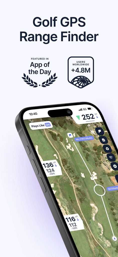 Hole19: Golf GPS Range Finder - Observe the detailed overhead course map and precise GPS yardages displayed with clear distance markers, enhanced by the "Plays Like" feature.