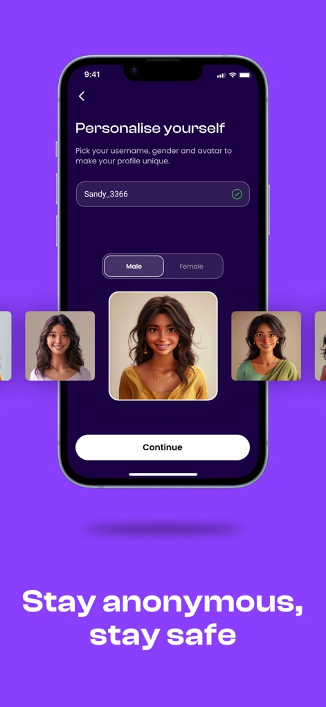Dostt App: Talk & Feel Better - Maintain privacy by selecting a unique username and choosing from a range of diverse avatar options to personalize the user's digital identity.