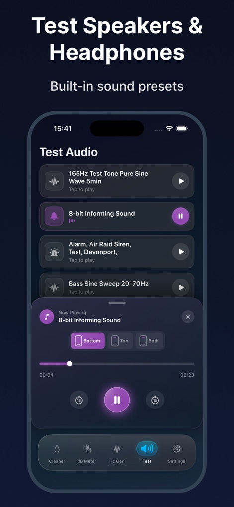 Water Eject · Speaker Сleaner - Explore the comprehensive speaker diagnostic suite, showcasing diverse built-in sound presets and precise output controls for top, bottom, or both speakers.