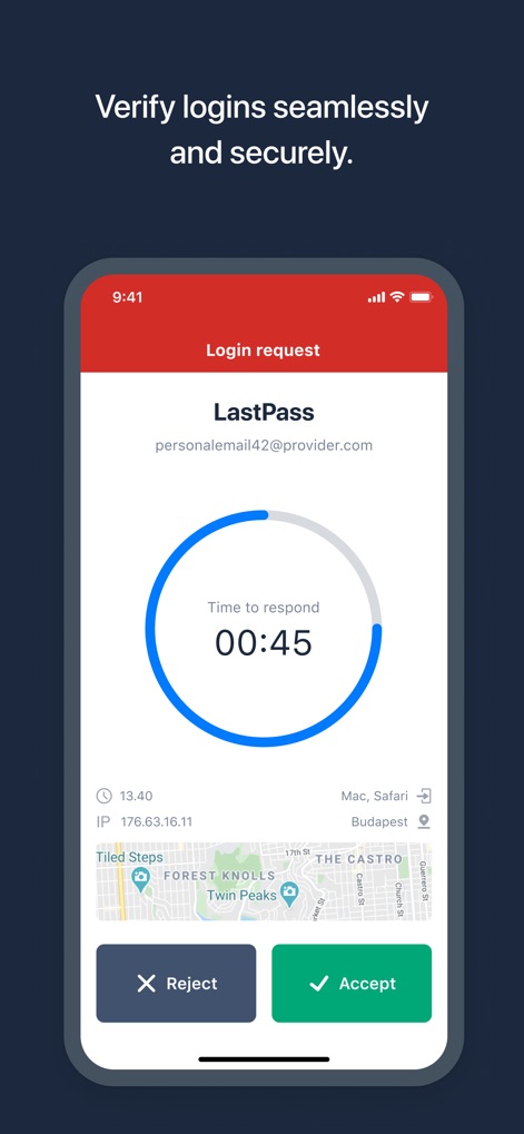 LastPass Authenticator - ログインリクエストの詳細が表示され、リクエスト元のIPアドレスや地理的情報とともに「承認」および「拒否」ボタンが明示されており、ユーザーは不審なアクセスを迅速に特定し対処できます。