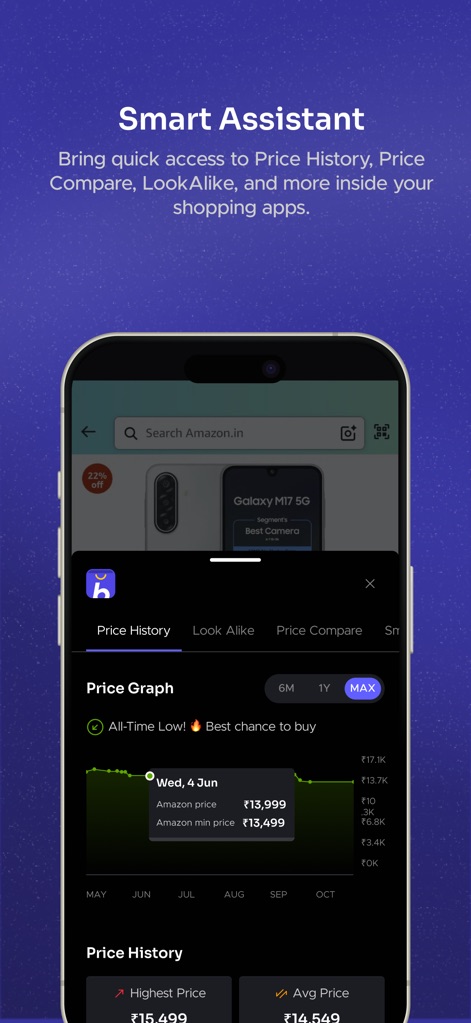 Buyhatke:AI Shopping assistant - Access the smart assistant overlay directly within shopping apps, revealing a product's Price Graph and comparison options.