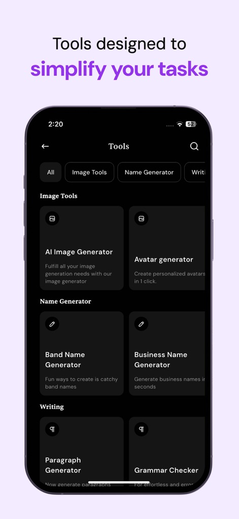 Merlin AI: AI Chat Assistant - The app presents a diverse array of "Image Tools" and specialized "Name Generator" options, streamlining various creative and professional tasks for users.
