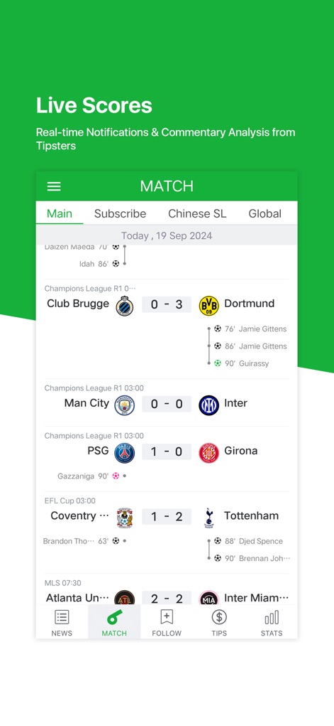 All Football - Soccer scores - Champions LeagueやEFL Cupの試合結果をリアルタイムで更新し、得点者や経過時間などの詳細な情報を一目で確認できます。