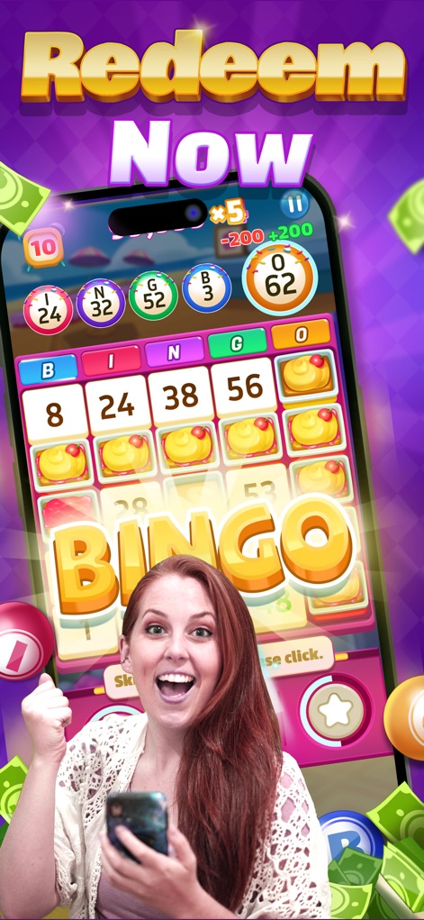 Bingo For Cash - Real Money - Esta captura destaca a emoção de resgatar prêmios em dinheiro real, com a usuária demonstrando euforia e o texto proeminente "Redeem Now" reforçando a facilidade de saque.