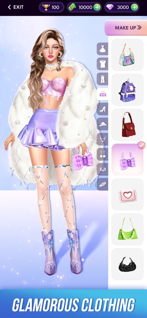 Fashion Glow: Model & Style - The app offers a dazzling selection of accessories, allowing users to pair glamorous fur coats with fashionable handbags to complete their model's look.
