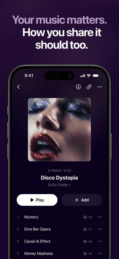 Samply - Listen & Share - Explore your audio projects with ease, featuring a clear tracklist display and intuitive version indicators for each song.