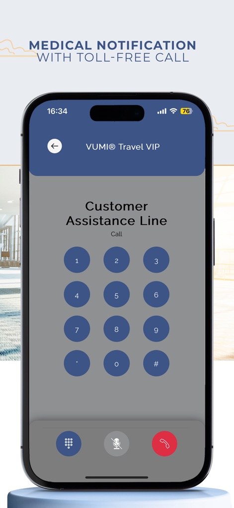 VUMI Travel VIP - Cet outil offre un accès immédiat à la ligne d'assistance client via un clavier de numérotation intégré et des commandes d'appel intuitives, garantissant une communication fluide en cas d'urgence.