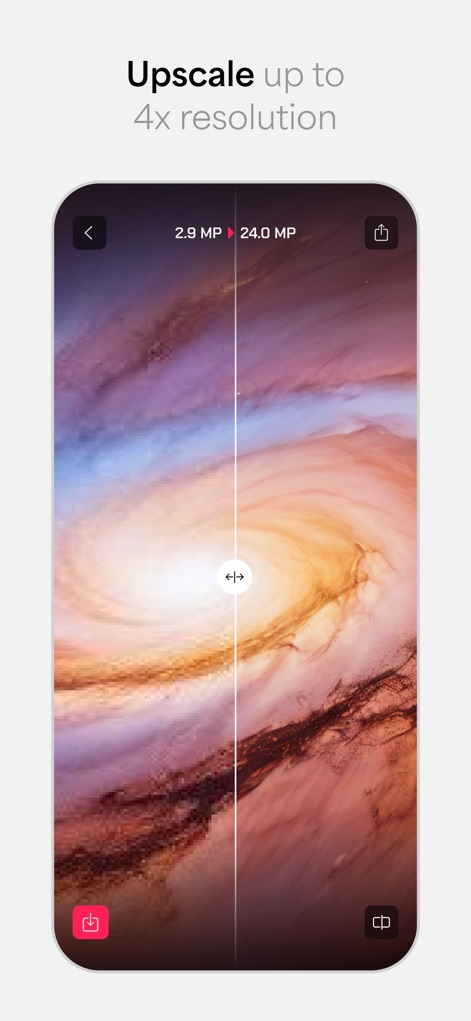 Photo Enhancer: Gigapixel AI - Explore the incredible detail recovery as a low-resolution 2.9 MP image is upscaled to a crisp 24.0 MP, revealing finer textures and galactic structure.