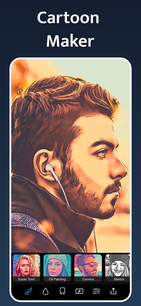 Instant Toon: Cartoon Art Cam - Esta herramienta permite a los usuarios convertir fotos en un estilo de caricatura con líneas audaces y sombras marcadas, mostrando un perfil expresivo. La coherente interfaz inferior presenta una barra de estilos fácilmente accesible.