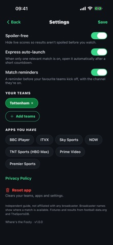 Where's the Footy screenshot