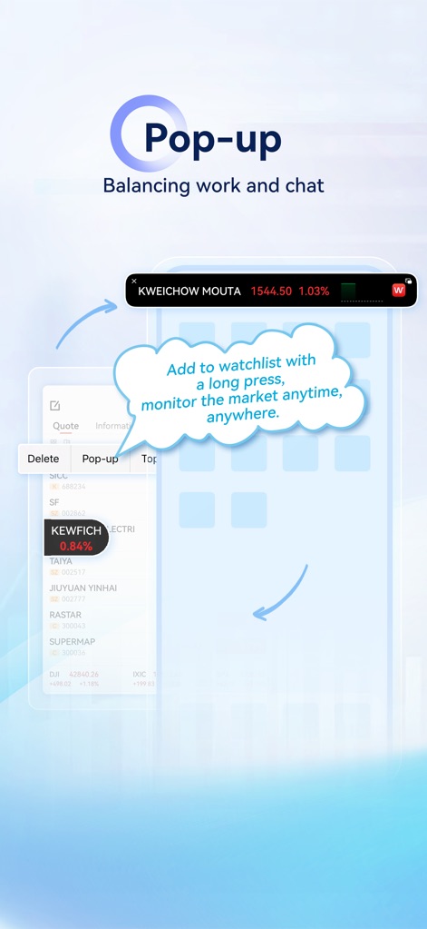 Wind Financial Terminal Mobile - The app features an innovative floating window, enabling users to continuously monitor crucial stock data like KWEICHOW MOUTA and maintain real-time market oversight during other tasks.