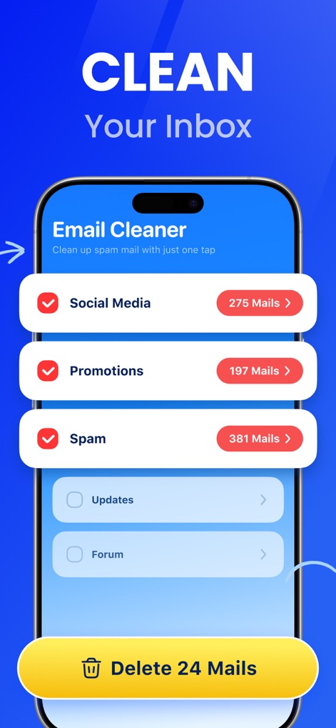 CleanCraft: Clean Up Storage - Discover how the Email Cleaner categorizes incoming mail into sections like "Social Media" and "Promotions", empowering users to quickly review and "Delete Mails" with ease.