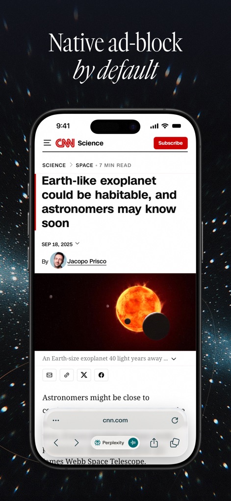 Comet - AI Browser & Assistant - Appreciate the clutter-free experience on news sites like 'CNN Science', demonstrating the native ad-blocking feature for focused content consumption.
