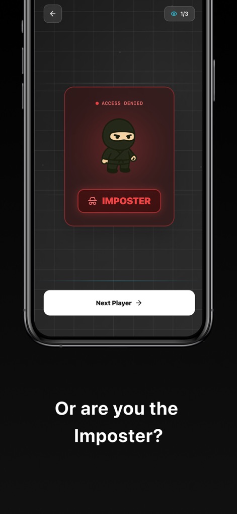 imposter ai: Spy Party Game - A dramatic 'Access Denied' card highlights the 'IMPOSTER' status, indicated by the stark red background and ninja avatar.