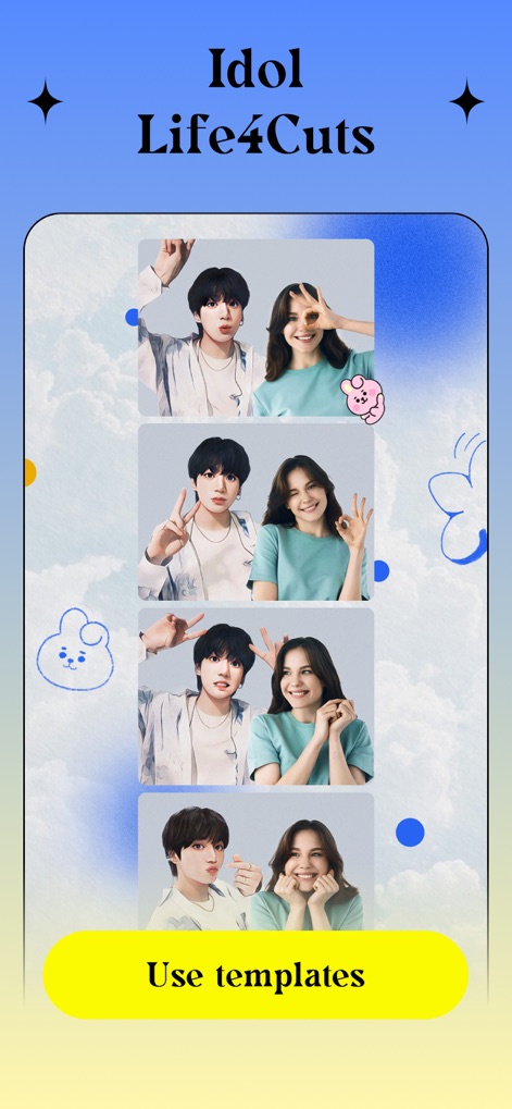 Ritmo Video: AI Video Generate - Users can create personalized 4-cut photo strips with their favorite idols, leveraging unique pose guidance and stylized cartoon elements.