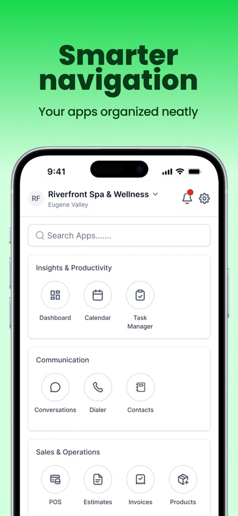 Lead Connector - The tool presents a well-organized menu categorizing features into "Insights & Productivity" and "Sales & Operations" for intuitive access.