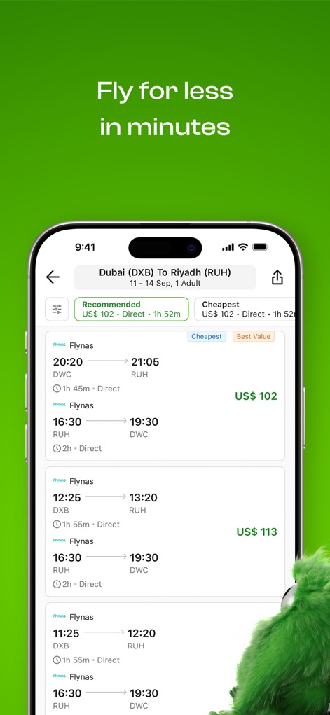 Wego Flights & Hotels Booking - Dieses Tool zeigt detaillierte Flugergebnisse mit Abflug- und Ankunftszeiten sowie Preisen in US$, wobei Nutzer Filter wie 'Recommended' und 'Cheapest' für eine schnelle Auswahl nutzen können.