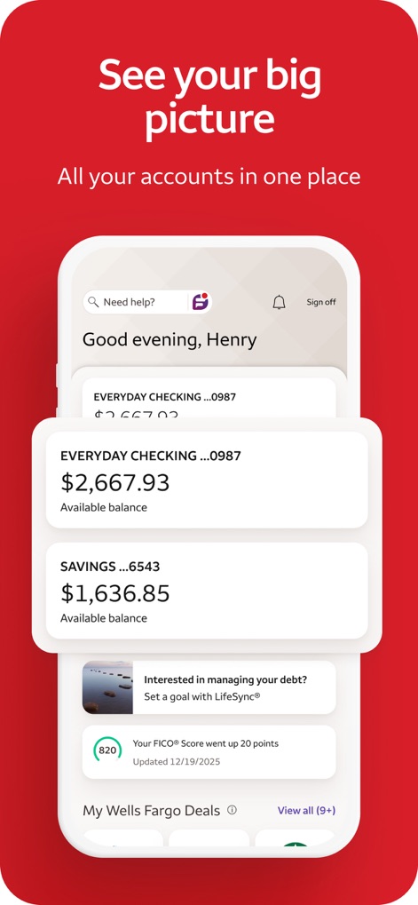 Wells Fargo Mobile® - O aplicativo oferece uma visão consolidada de todas as contas, exibindo saldos de 'Everyday Checking' e 'Savings', e um destaque para o 'Your FICO® Score'.