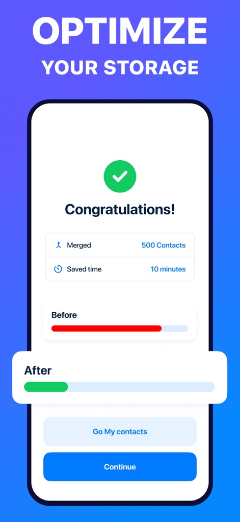 Phone Cleanup: Storage Cleaner - Nach erfolgreicher Bereinigung präsentiert die App eine Zusammenfassung der erzielten Vorteile, einschließlich der Zusammenführung von 500 Kontakten und einer visuellen Darstellung der Speicherplatzersparnis durch den Vergleich von 'Vorher' und 'Nachher'.