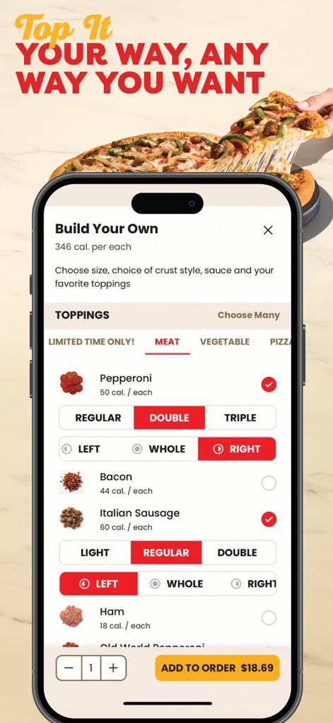 Marco’s Pizza - Users gain precise control over their pizza creation, with options for detailed topping selection and specific ingredient placement (Left, Whole, Right).