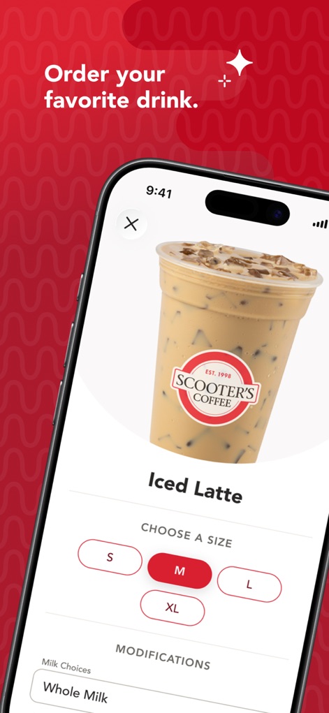 Scooter's Coffee - Users can effortlessly customize their favorite beverages, choosing from various sizes and milk options directly within the app.