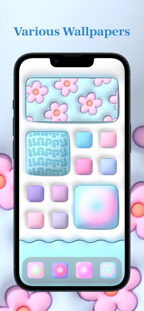 Photo Widget - Themes & Icons - Witness the variety of wallpaper options, featuring pastel floral patterns and "Happy" text designs, alongside a mix of widget sizes for visual interest.