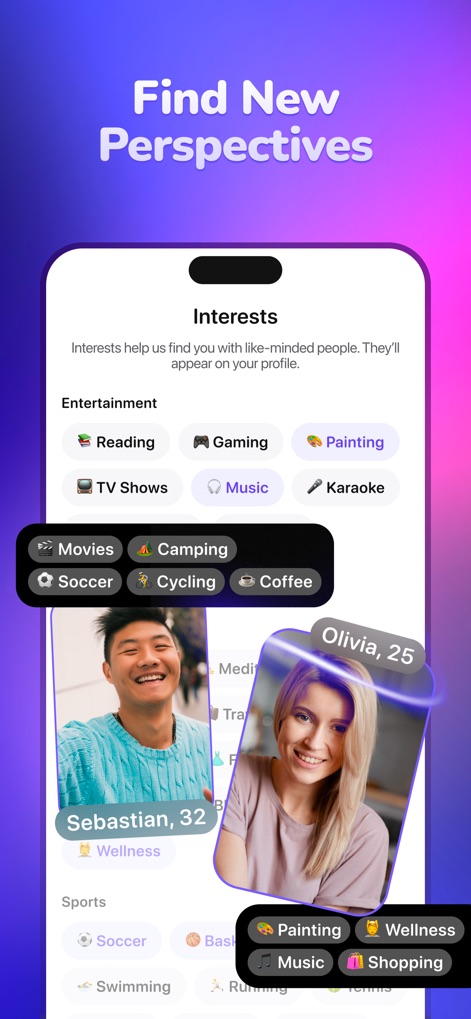 TopLive: Watch Live Streams - Esta sección permite a los usuarios personalizar su experiencia seleccionando intereses variados, desde "Reading" hasta "Painting", lo que habilita la aplicación para sugerir automáticamente nuevos perfiles y creadores que comparten esas mismas pasiones.