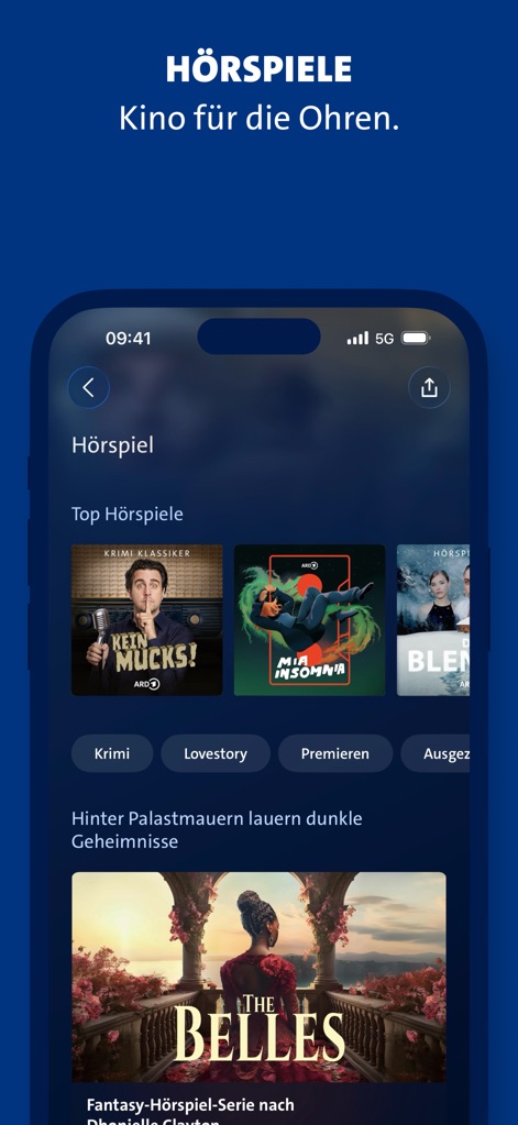 ARD Sounds - Delve into a curated selection of audio dramas, highlighted by engaging cover art for titles like "Kein Mucks!", and navigate easily with genre filters such as 'Krimi' and 'Lovestory'.