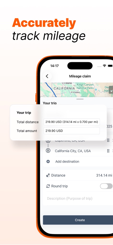 Dext: Expense Tracker App - 走行距離を正確に追跡する機能を紹介しており、「Total distance」と「Total amount」が明確に表示され、移動経路計画のために「Add destination」オプションが提供されています。