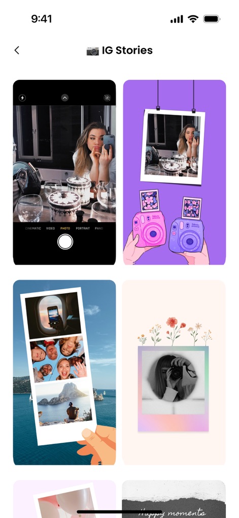 Photo Collage Maker・Pic Layout - La aplicación ofrece diseños optimizados para redes sociales, con plantillas en formato vertical distintivo, perfectas para crear atractivas “IG Stories” y compartir momentos al instante.
