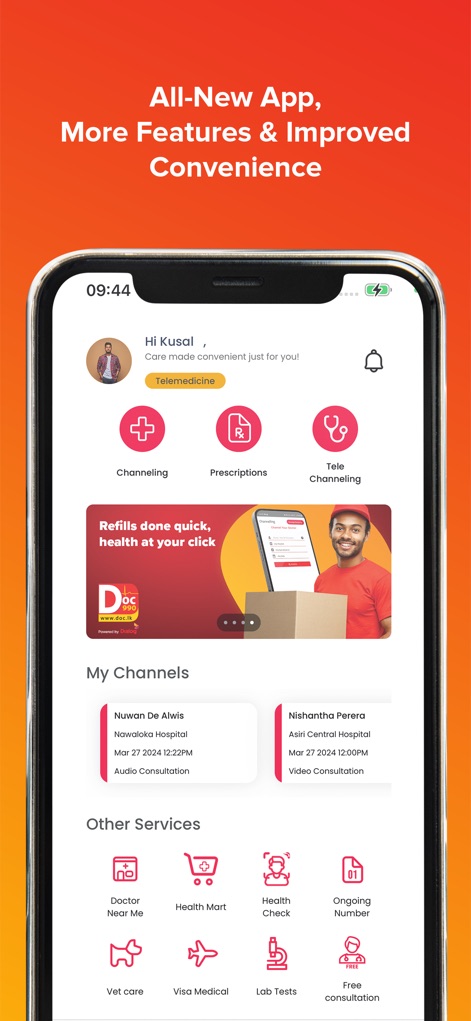 Doc990 - 이 앱의 홈 화면은 사용자에게 맞춤형 환영 인사와 함께 '나의 채널' 섹션에서 예정된 상담을 간편하게 보여줍니다.