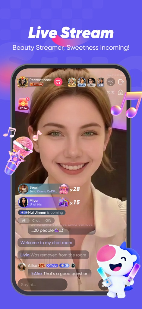 Siya - Make friends for real - The platform displays its interactive live streaming feature, complete with real-time chat overlays and engaging virtual gift options.
