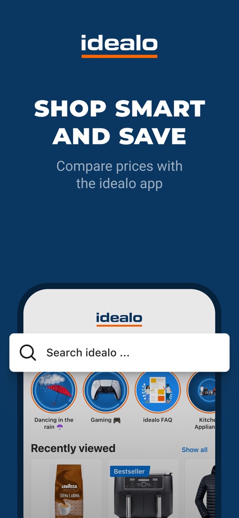 idealo - Price Comparison - Users can quickly initiate searches via the prominent search bar and explore various product categories and recently viewed items for efficient browsing.