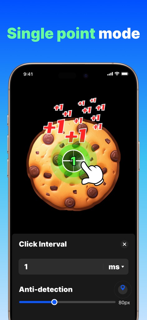 GA Auto Clicker - This tool excels in "Single point mode," demonstrating rapid "+1" score increases in games like Cookie Clicker, alongside adjustable "Click Interval" and "Anti-detection" settings for tailored performance.