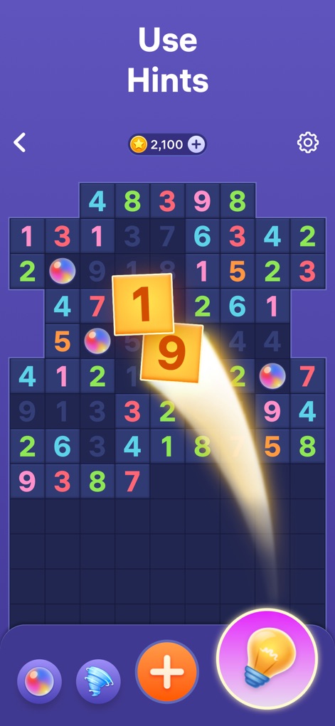Number Tiles - Match Numbers - Esta ferramenta oferece 'dicas estratégicas', mostrando como os tiles '1' e '9' são destacados e se movem, com o ícone da lâmpada indicando a função de assistência para os usuários.