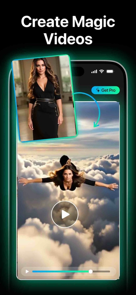AI Video Generator: Video AI - La visualización resalta la creación de videos mágicos, transformando una imagen original de una mujer en una escena donde ella vuela entre nubes con un cielo azul vibrante, demostrando la adición de efectos de levitación y el cambio de escenarios.