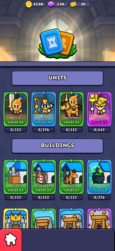 Fortress Merge - 이 스크린샷은 '유닛' 및 '건물' 카테고리를 명확히 구분하여 다양한 종류의 병력과 방어 시설 카드를 보여주며, 각 항목의 현재 레벨 정보를 확인할 수 있습니다.