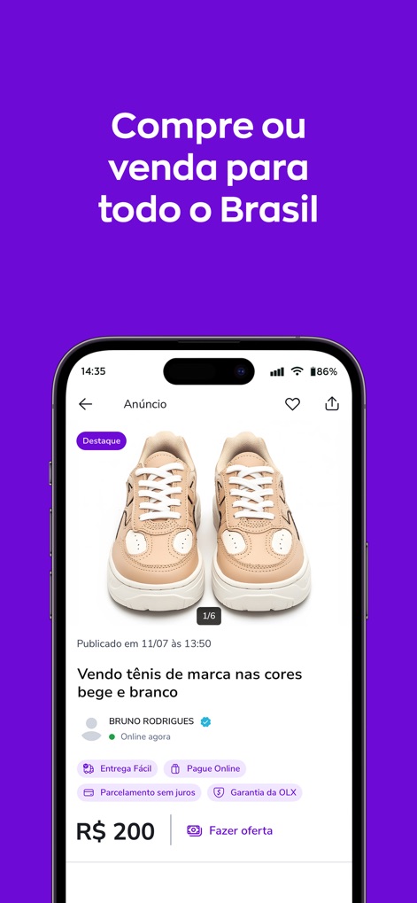 OLX - Comprar e vender online - 商品詳細ページでは、販売商品の画像と価格が明瞭に表示され、オンライン決済や簡単配送などの購入オプションが利用できます。
