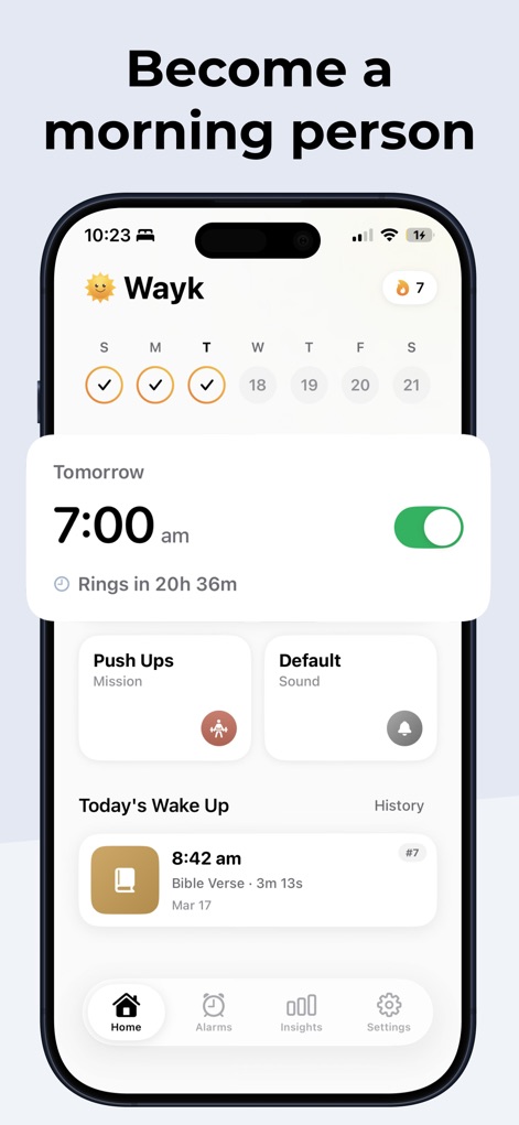 Wayk: Alarm Clock to Wake Up - La aplicación muestra un panel intuitivo con la alarma configurada a las 7:00 am y la misión de 'Push Ups' activa, ofreciendo una visión clara del compromiso matutino y el historial de acciones.