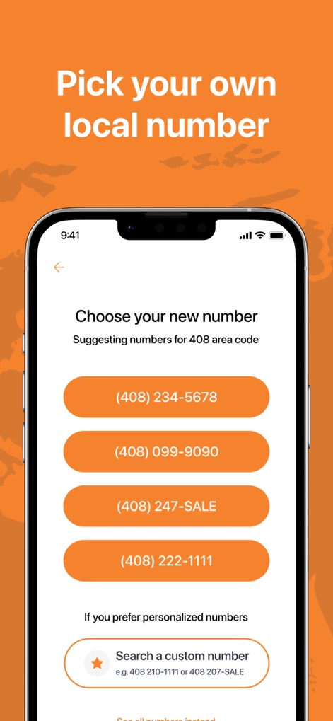 Phoner: Second Phone Number - Dieses Bild zeigt die Auswahl neuer Rufnummern, wobei verschiedene Optionen für die Vorwahl '408' angezeigt werden und Nutzer die Möglichkeit haben, nach einer 'custom number' zu suchen.
