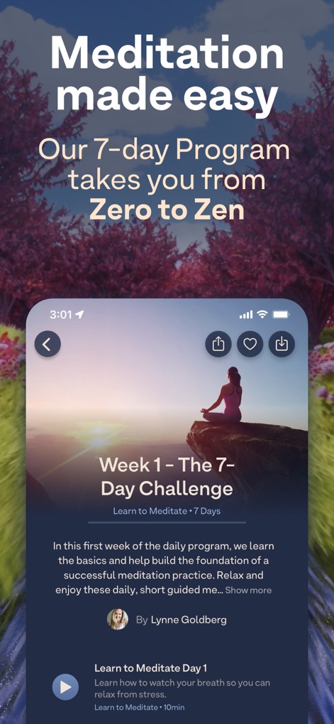 Breethe: Sleep & Meditation - L'app facilita la meditazione attraverso un "7-day Program" strutturato, come mostrato dalla "Week 1 - The 7-Day Challenge" e da una persona che medita su una scogliera.