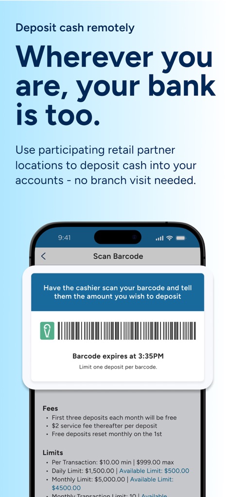 PenFed Mobile - Die App ermöglicht Nutzern die remote Bareinzahlung mittels eines generierten "Barcode", wobei alle relevanten "Fees" und "Limits" transparent dargestellt werden.