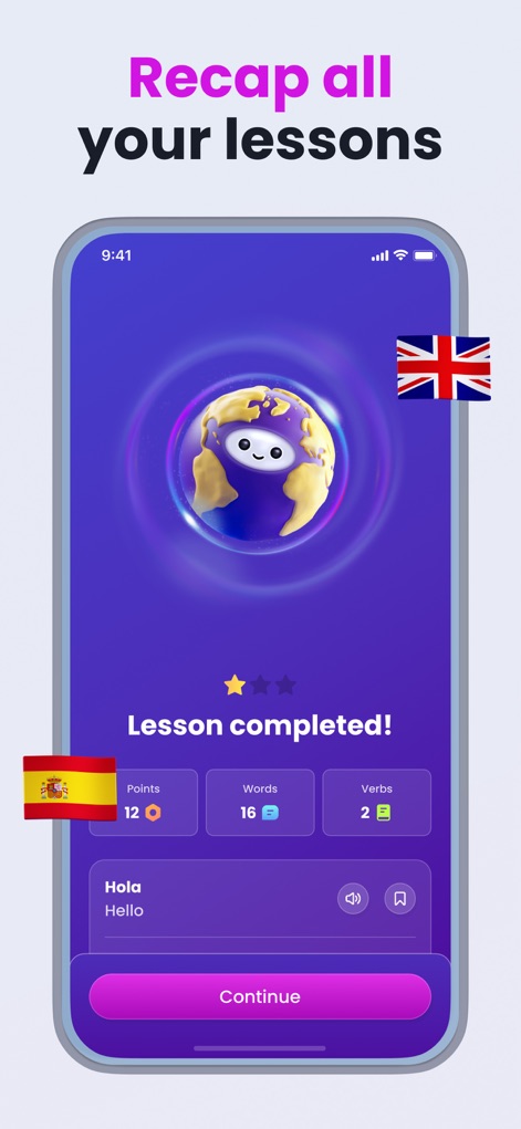 Mondly: Learn 41 Languages - After each lesson, users receive a clear summary of their progress, including points gained and words learned, visually represented by the animated globe and country flags.